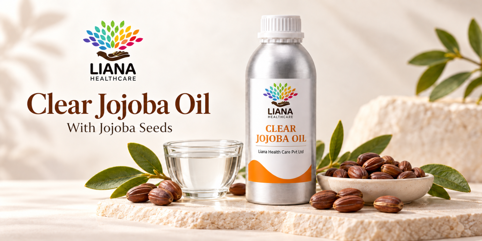 Clear colourless refined jojoba oil in a glass beaker