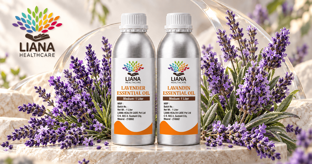 Lavender oil vs lavandin oil bottles with lavender and lavandin flowers
