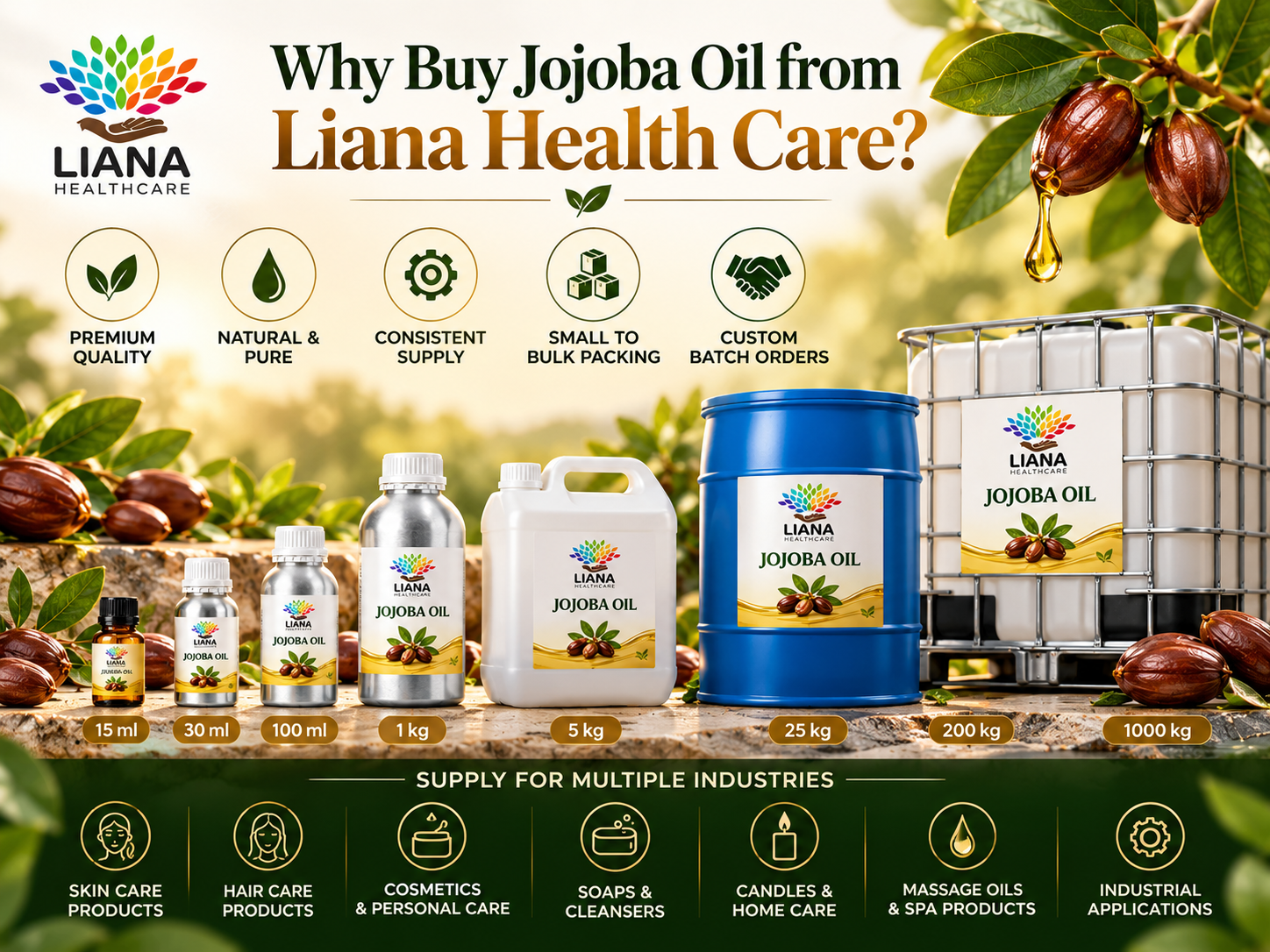 Jojoba oil bulk drums and bottles at Liana Health Care Meerut