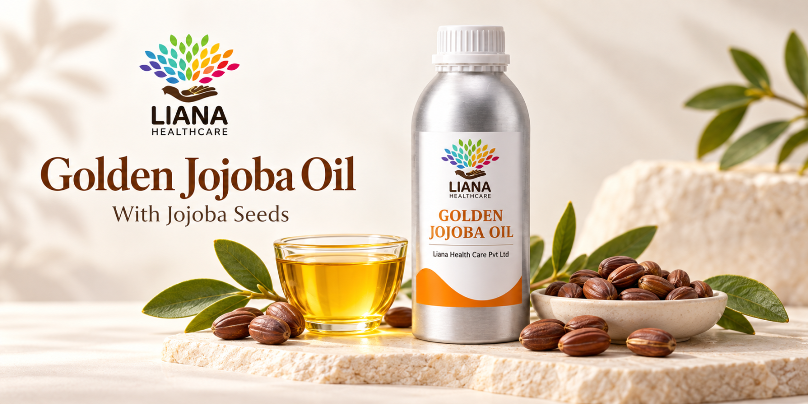 Golden jojoba oil and clear refined jojoba oil in glass bottles side by side